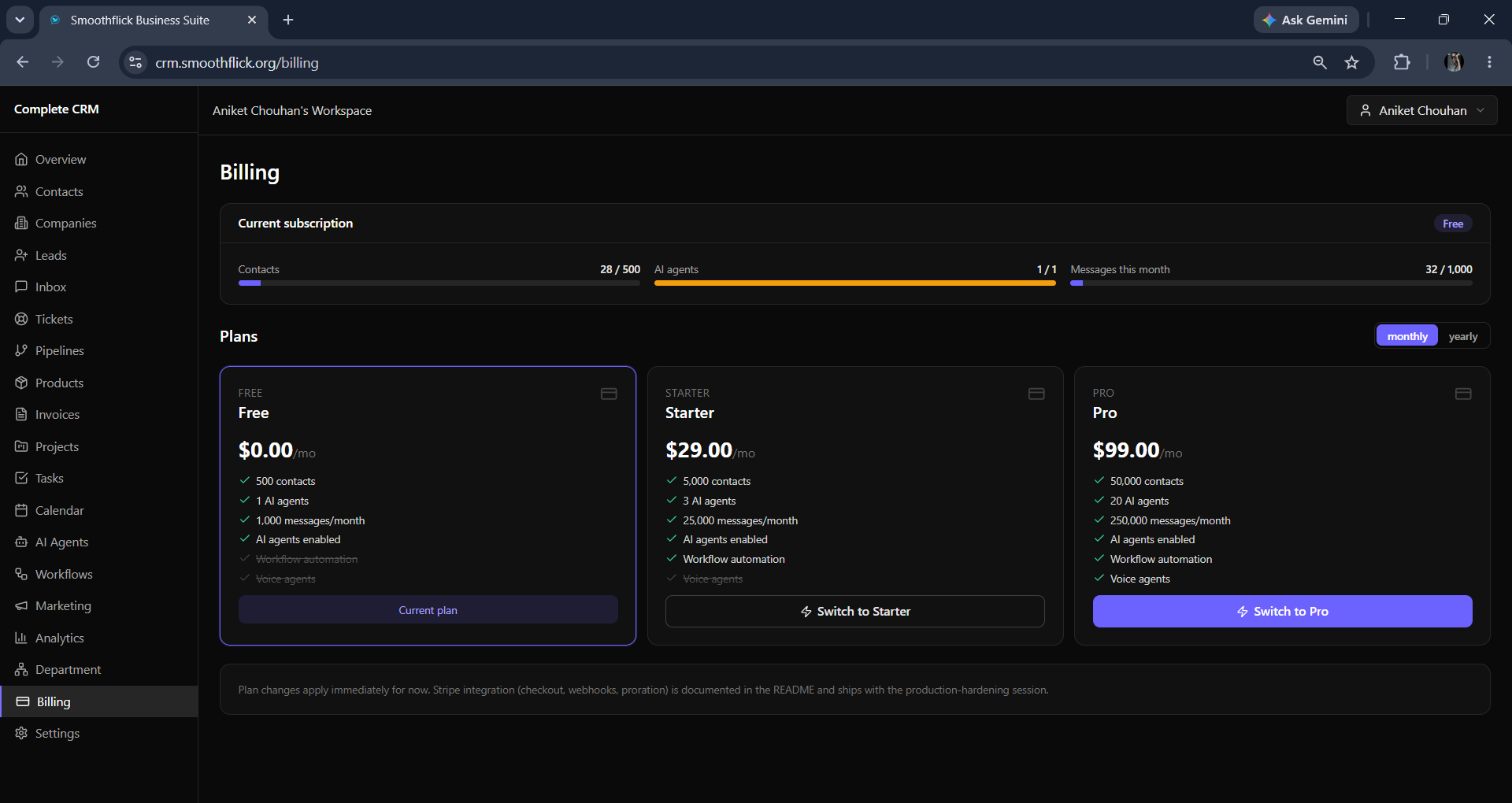 Billing dashboard