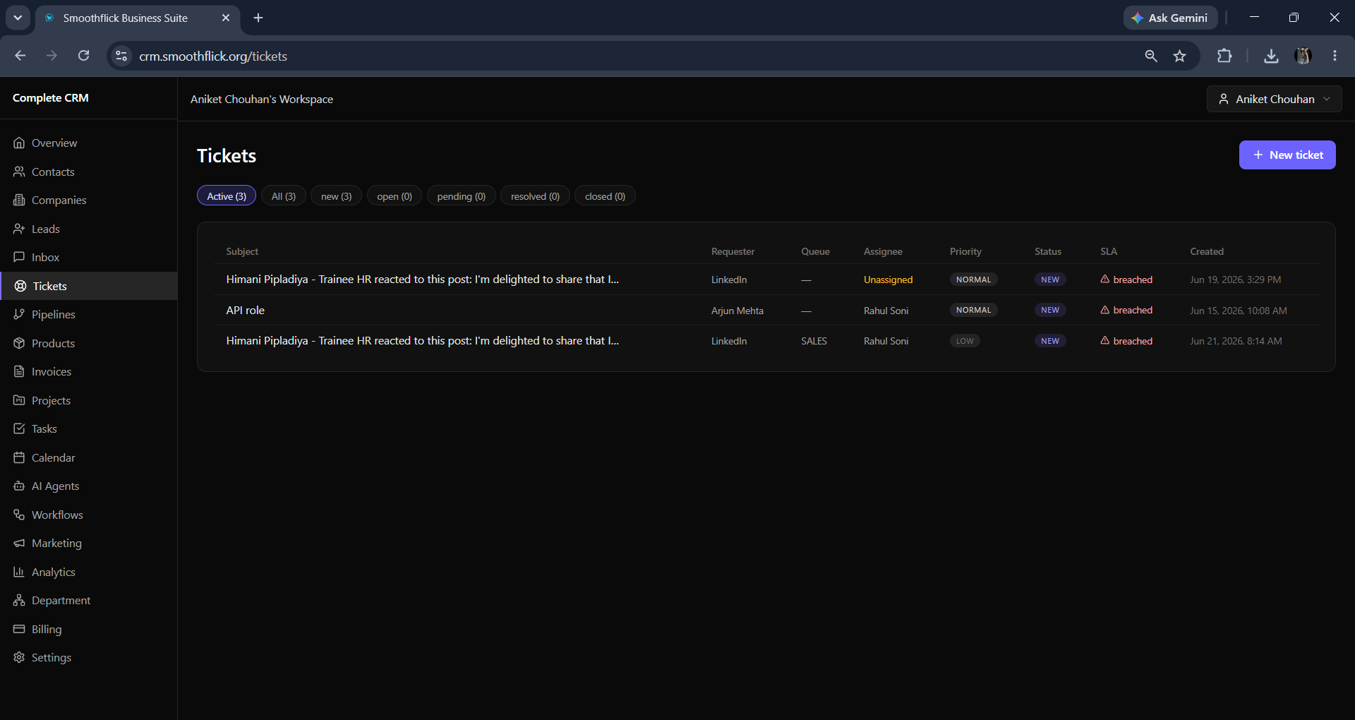 Tickets dashboard
